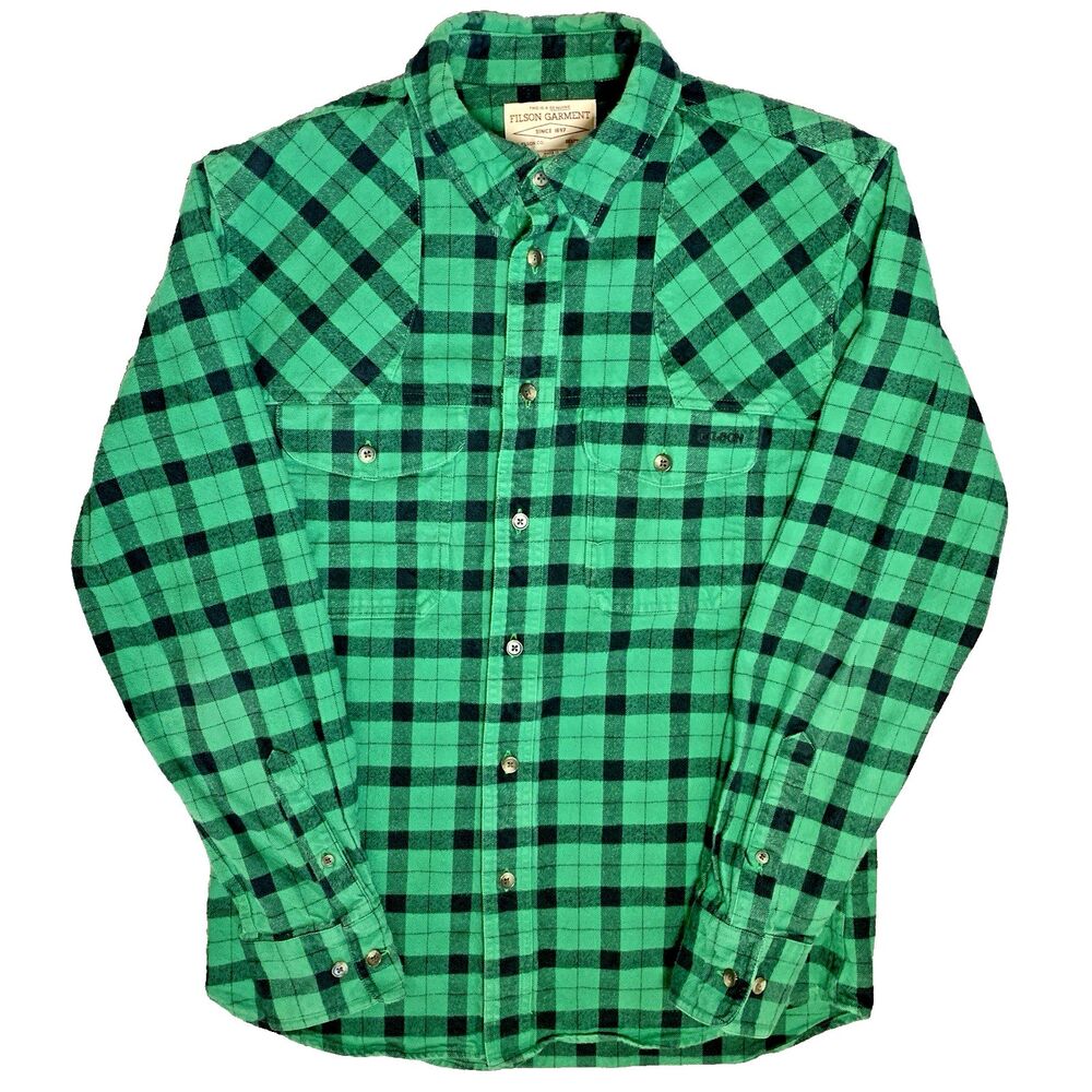 Filson Mens Small Green Black Plaid Flannel Button Up Shirt Cotton